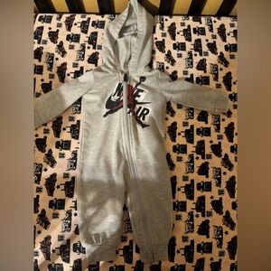 Nike Grey Hooded Baby One-Piece with Black and Red Jumpman Logo